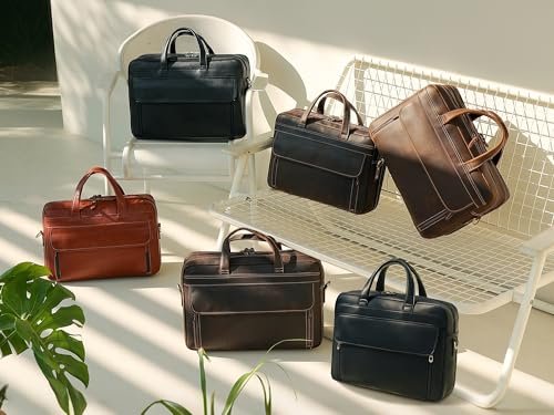 Masa Kawa Black Leather Briefcase for Men 17 Inch Laptop Computer Case Business Travel Work Messenger Cross Body Shoulder Bag