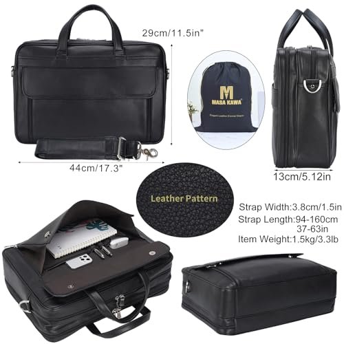 Masa Kawa Black Leather Briefcase for Men 17 Inch Laptop Computer Case Business Travel Work Messenger Cross Body Shoulder Bag