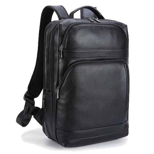 Masa Kawa Black Leather Laptop Backpack for Men Fits 16” 15.6” Computer