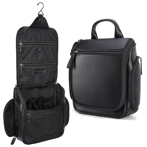 Masa Kawa Leather Hanging Travel Toiletry Bag for Men Portable Expandable Camping Cosmetics Makeup Toiletries Organizer Waterproof Bathroom Shaving Kit Black Wash Bags