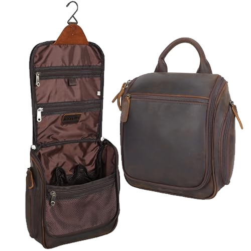 Masa Kawa Leather Hanging Travel Toiletry Bag for Men Portable Expandable Camping Cosmetics Makeup Toiletries Organizer Vintage Bathroom Shaving Kit Brown Wash Bags